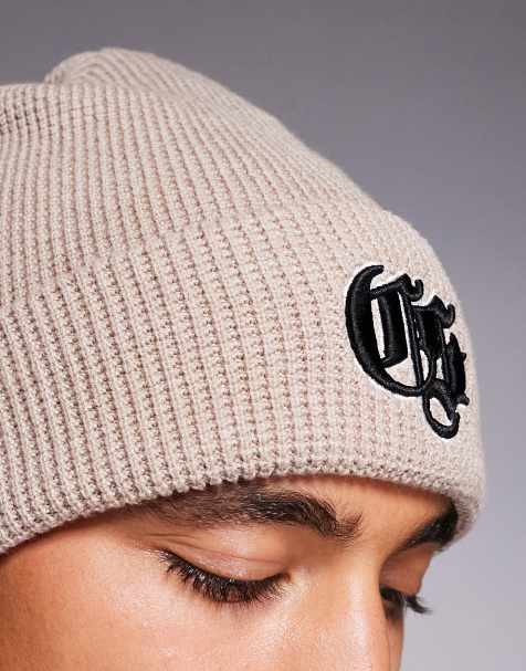 River Island logo detail waffle beanie in light stone - view 2