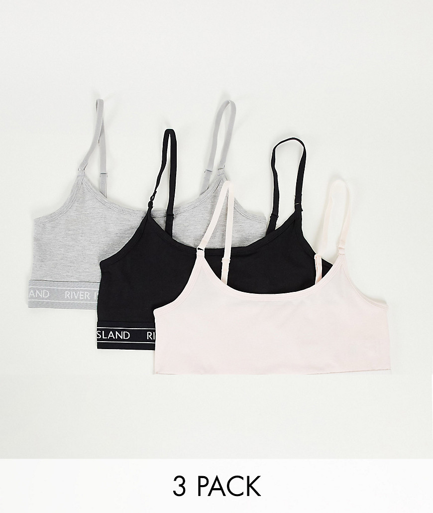 River Island logo tapeband 3 pack of bralettes in gray, pink and black-Multi