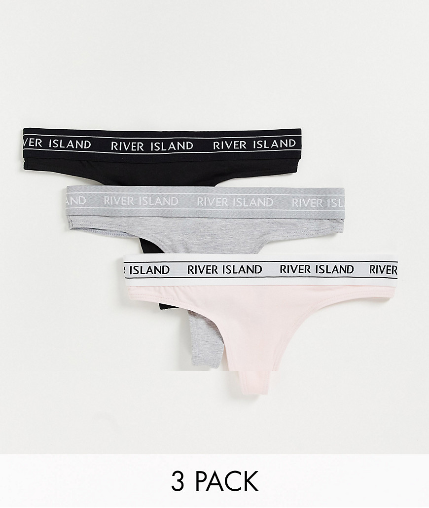 River Island logo tapeband 3 pack of thongs in gray, pink and black-Multi