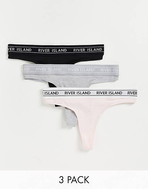  River Island logo tapeband 3 pack of thongs in grey, pink and black 