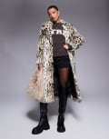 [River Island] River Island long faux fur coat in leopard print-Brown M Dark brown