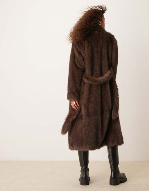 River Island long faux fur coat with belt in dark brown ASOS