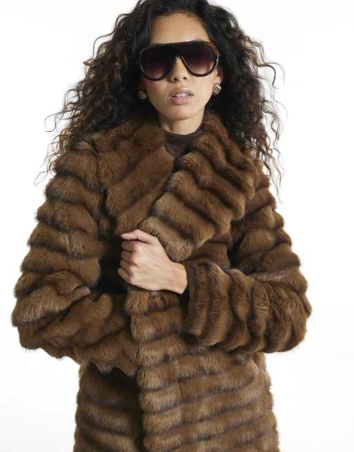 River Island Long pelted faux fur coat in brown, 3 of 4