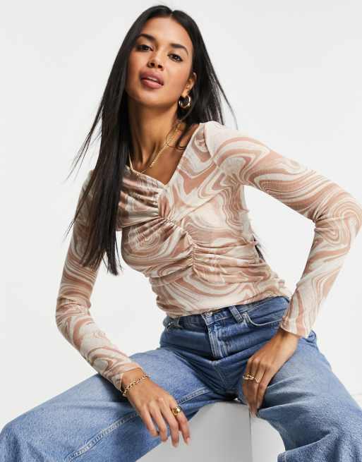 River Island long sleeve asymmetric marbled mesh top in beige | ASOS