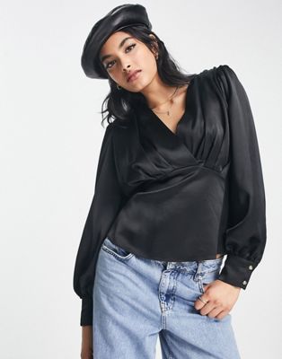 Shop River Island Long Sleeve Batwing Blouse In Black Satin