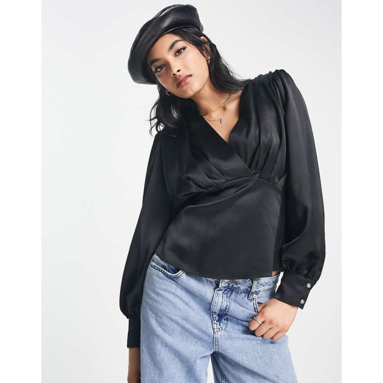 Black satin cheap long sleeve top