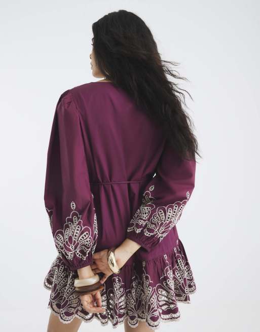 River Island Long sleeve broderie shirt dress in red - dark | ASOS