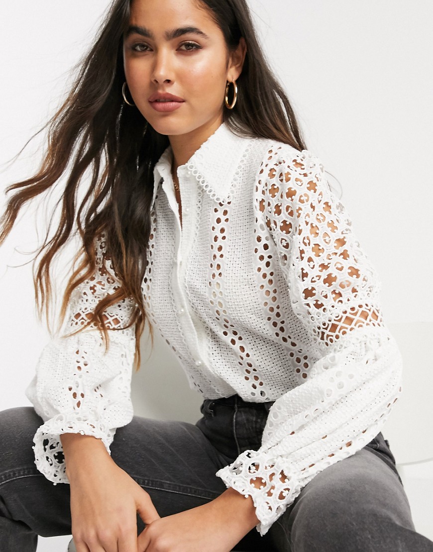 River Island long sleeve broderie shirt in white