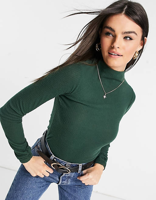 River Island long sleeve brushed high neck top in dark green