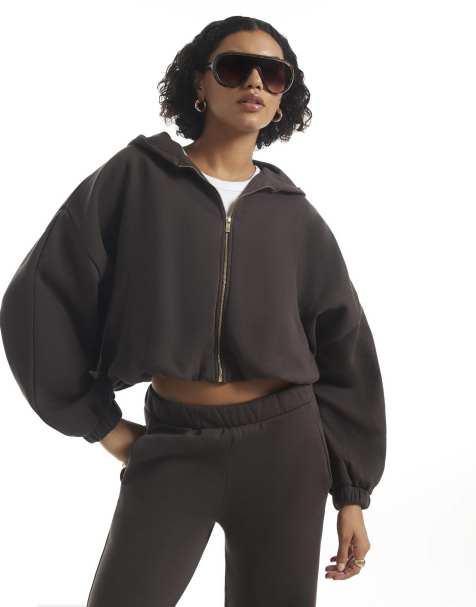 River Island Long sleeve bubble hem hoodie in brown - view 1