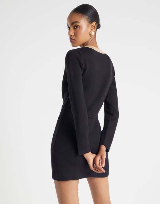 river island black long sleeve dress River Island crew neck knit midi dress in black