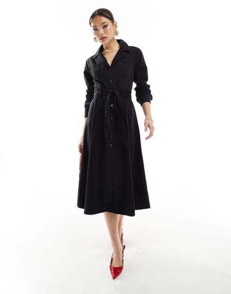 River Island long sleeve button front denim midi dress in black - view 1