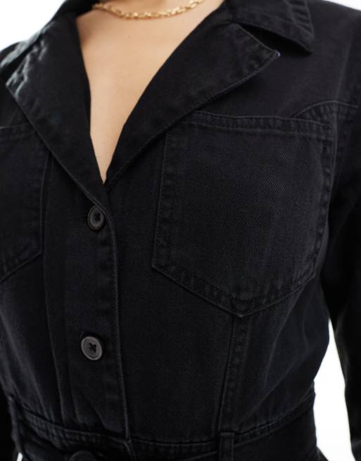 River Island long sleeve button front denim midi dress in black ASOS