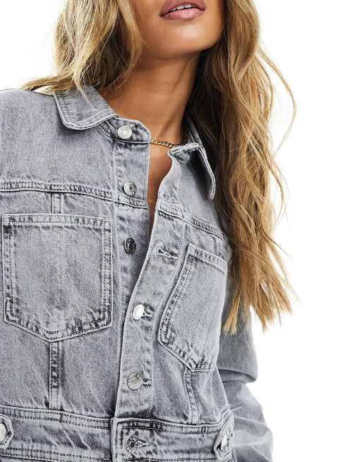 River Island long sleeve button front denim midi dress in gray | ASOS