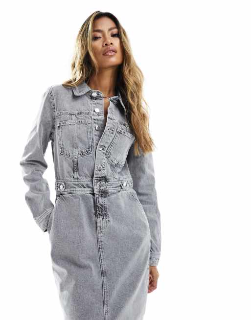 River Island long sleeve button front denim midi dress in gray | ASOS
