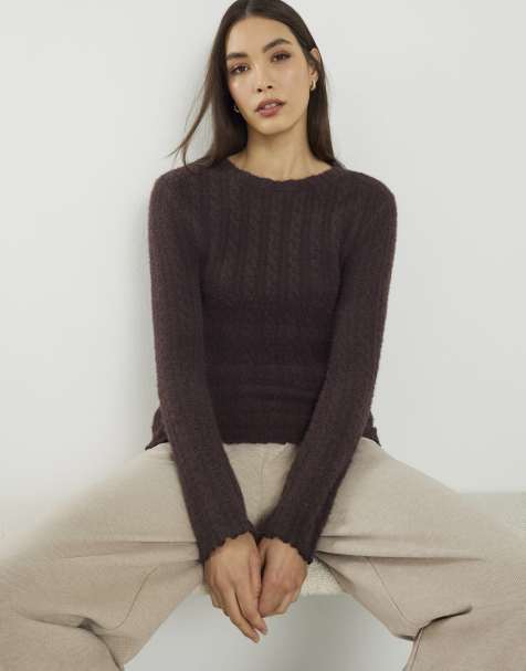 River Island Long sleeve cable knit fitted top in brown - view 1