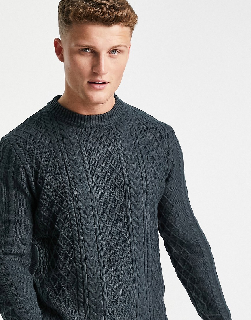 River Island long sleeve cable knit sweater in gray-Grey
