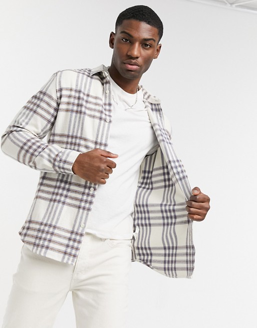 River Island long sleeve check shirt in stone