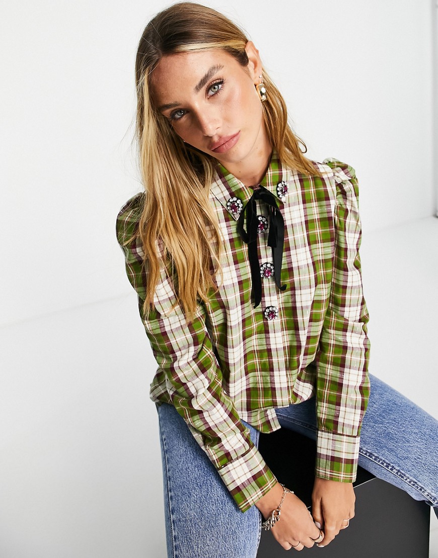 River Island long sleeve checked embroidered button shirt in green