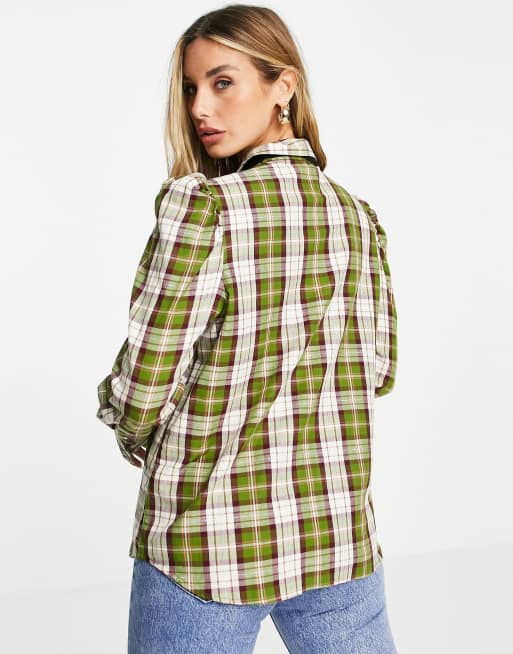 River Island long sleeve checked embroidered button shirt in green