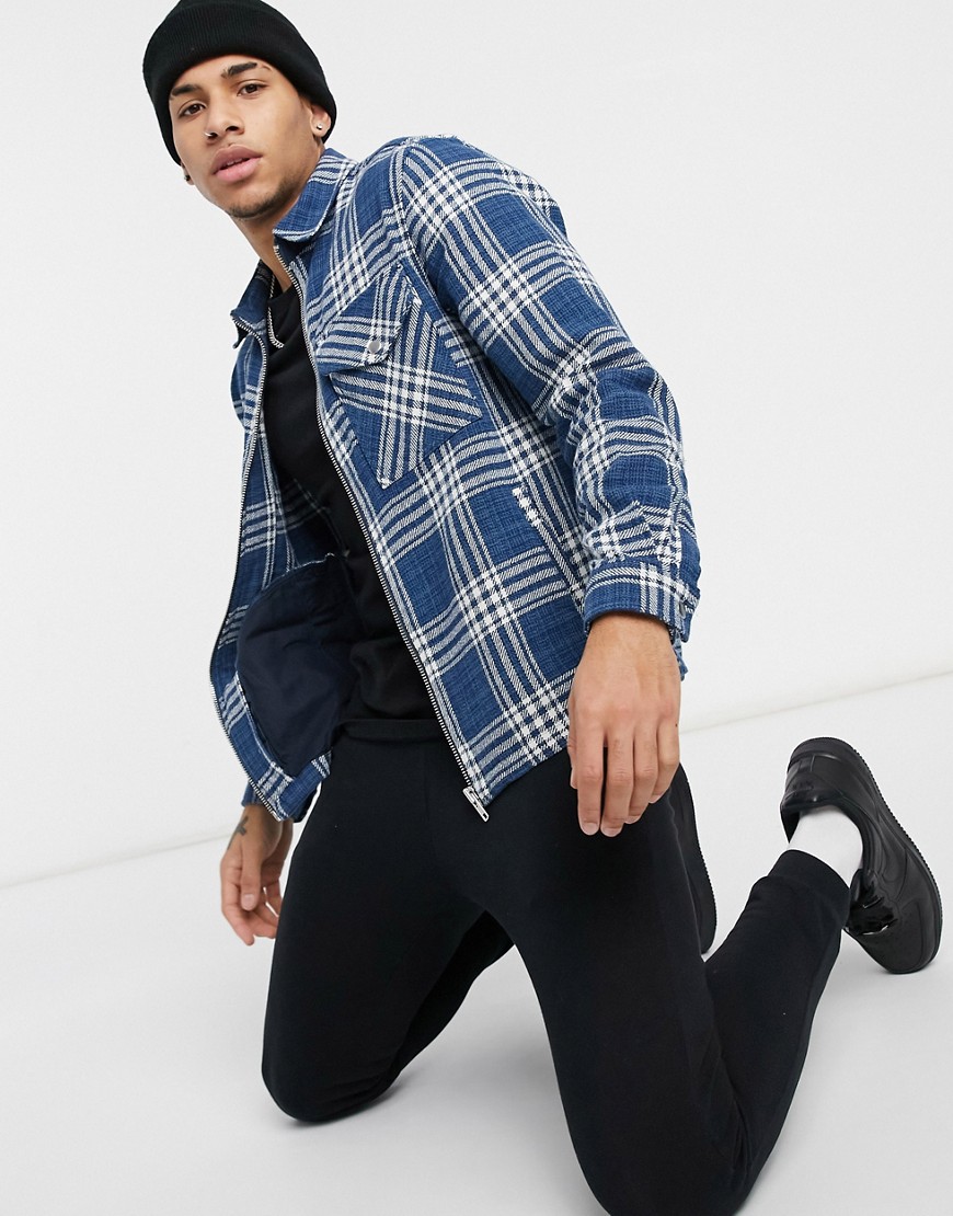 River Island long sleeve checked overshirt in blue-Blues