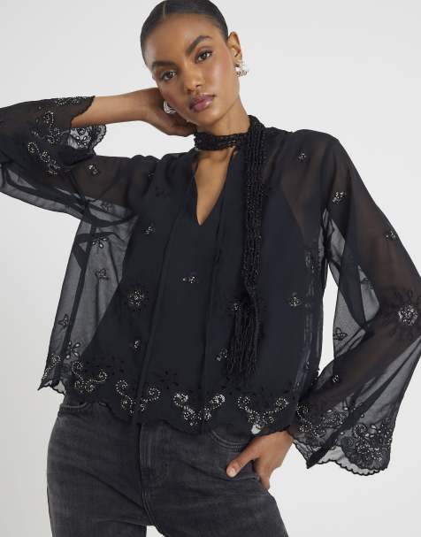 River Island Long sleeve chiffon cutwork blouse in black