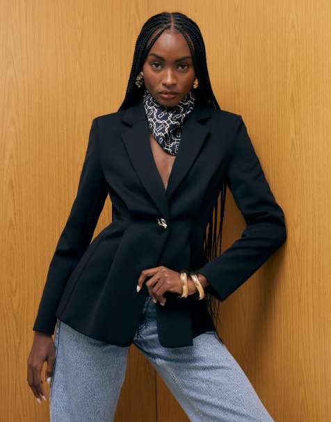 River Island Long sleeve cinched waist blazer in black