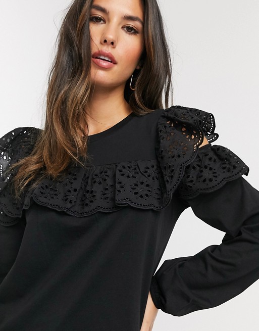 River Island long sleeve cold shoulder broderie frill top in black