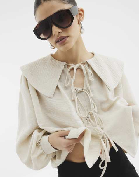 River Island Long sleeve collared blouse in beige - view 1