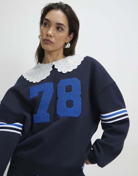 River Island Long sleeve collared number sweatshirt in navy - view 1