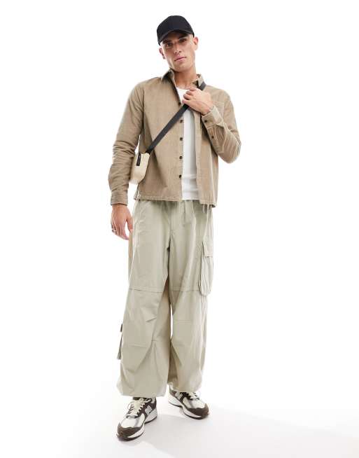 River Island long sleeve corduroy pocket shirt in medium stone ASOS