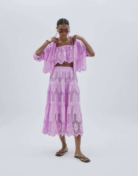 River Island Long sleeve cropped broderie shirt in pink - medium - view 1
