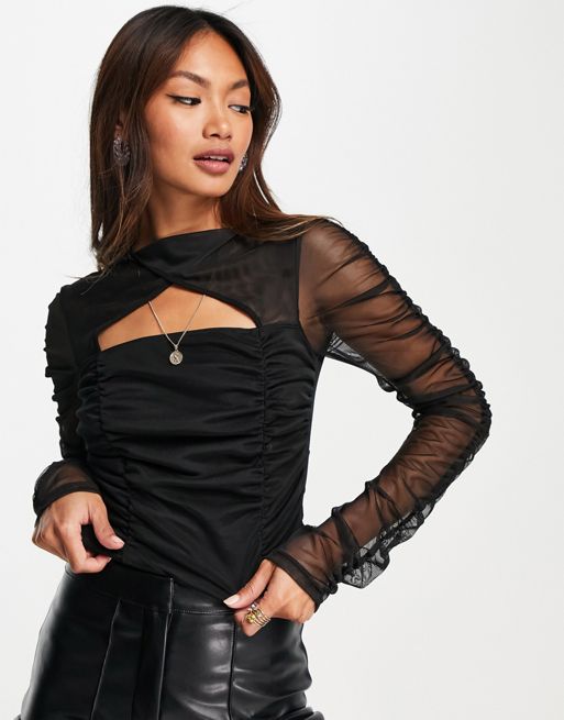River Island long sleeve cut out ruched top in black | ASOS