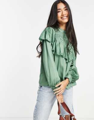 River Island Long Sleeve Cutwork Embroidery Blouse In Green ModeSens
