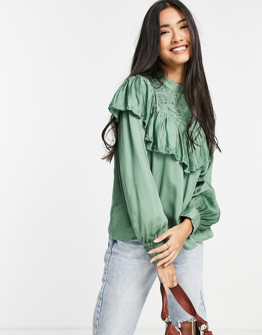 River Island long sleeve cutwork embroidery blouse in green