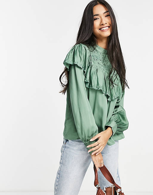 Tops River Island long sleeve cutwork embroidery blouse in green 