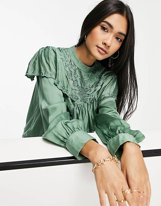 Tops River Island long sleeve cutwork embroidery blouse in green 