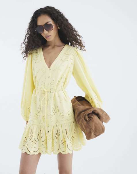 River Island Long sleeve cutwork mini shirt dress in yellow - view 1