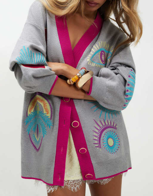 River Island Long sleeve embroidered motif cardigan in grey , 3 of 4