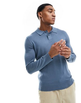 River Island long sleeve essential polo in blue