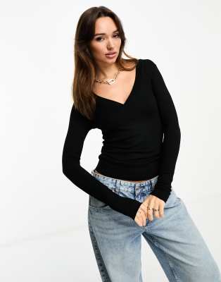 River Island Long Sleeve Fitted V-neck Top In Black