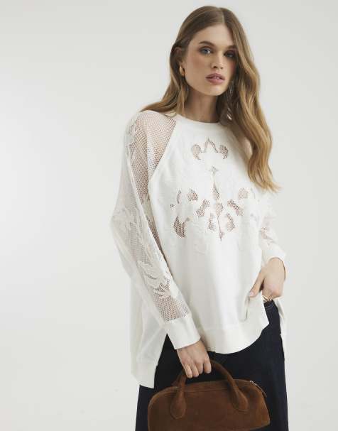 River Island Long sleeve floral cutwork sweatshirt in cream - view 1