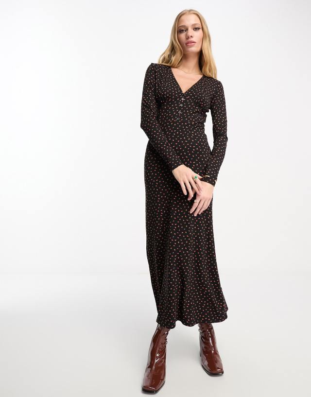 River Island long sleeve floral maxi tea dress in black