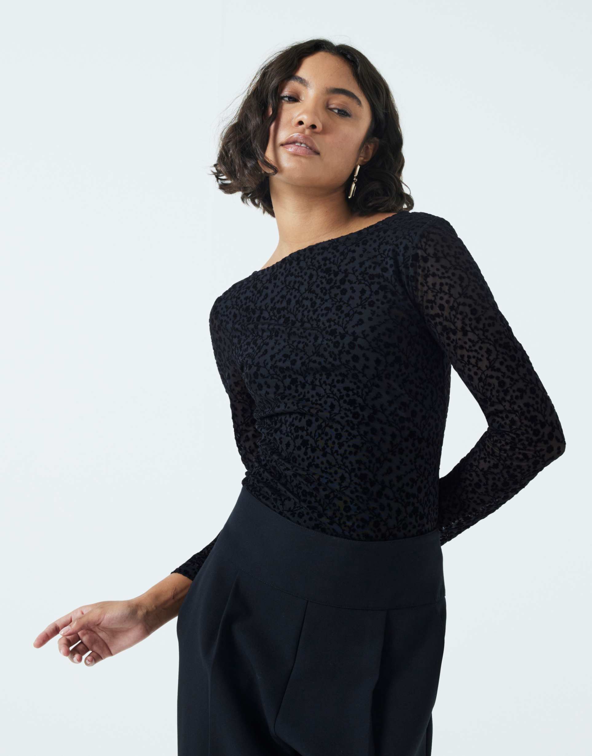 river island long sleeve floral mesh top in black