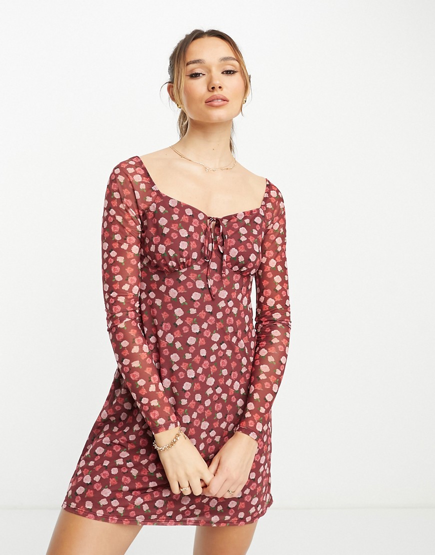 River Island long sleeve floral mini dress in red