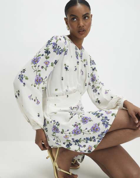 River Island Long sleeve floral mini dress in white