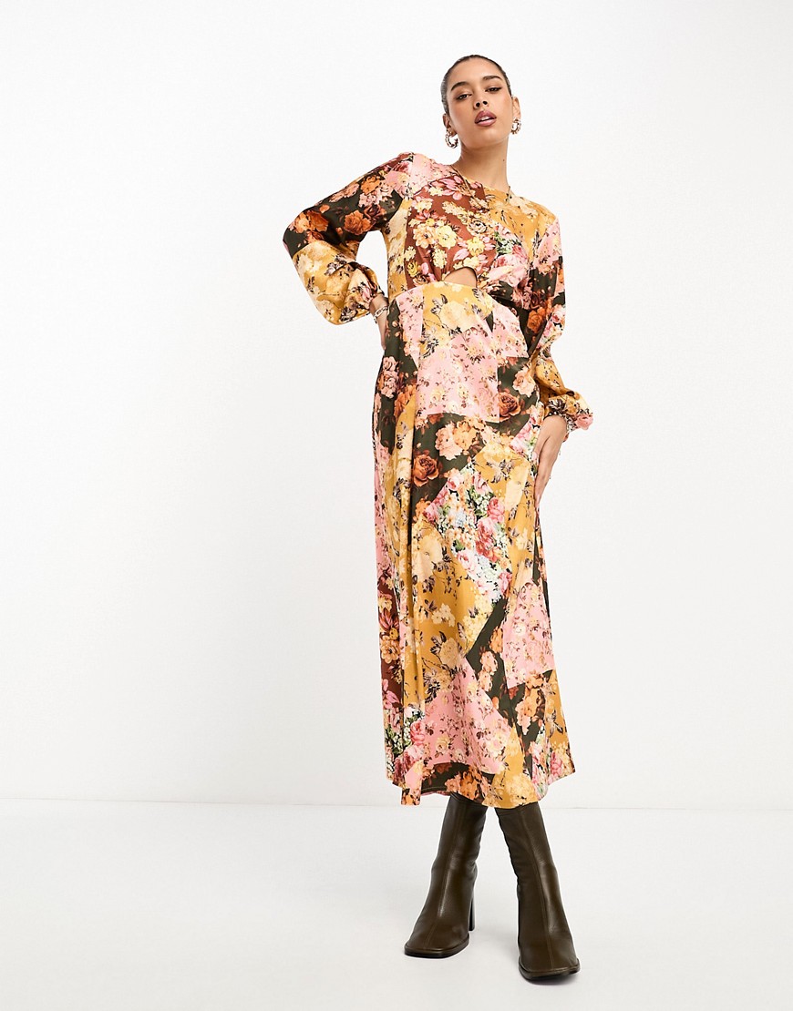 River Island Long Sleeve Floral Patchwork Dress With Cut Out Detail In Brown