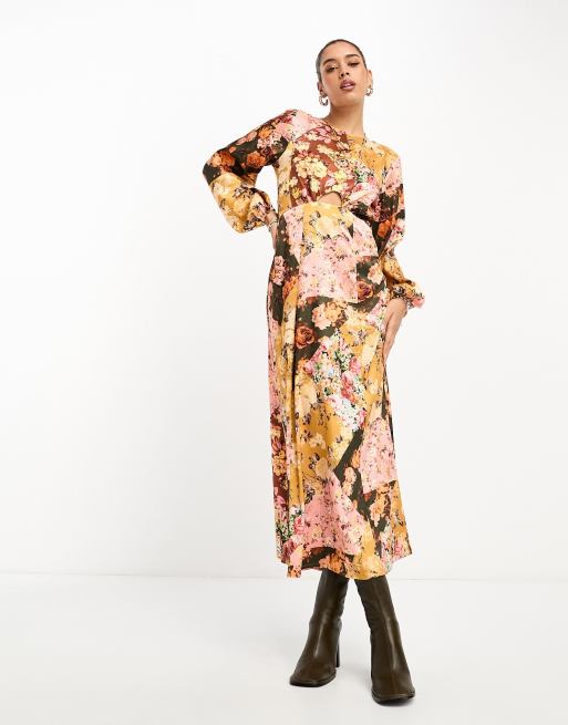 River Island long sleeve floral patchwork dress with cut out detail in ...