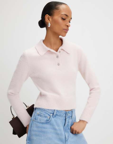 River Island Long sleeve fluffy polo top in pink - view 1