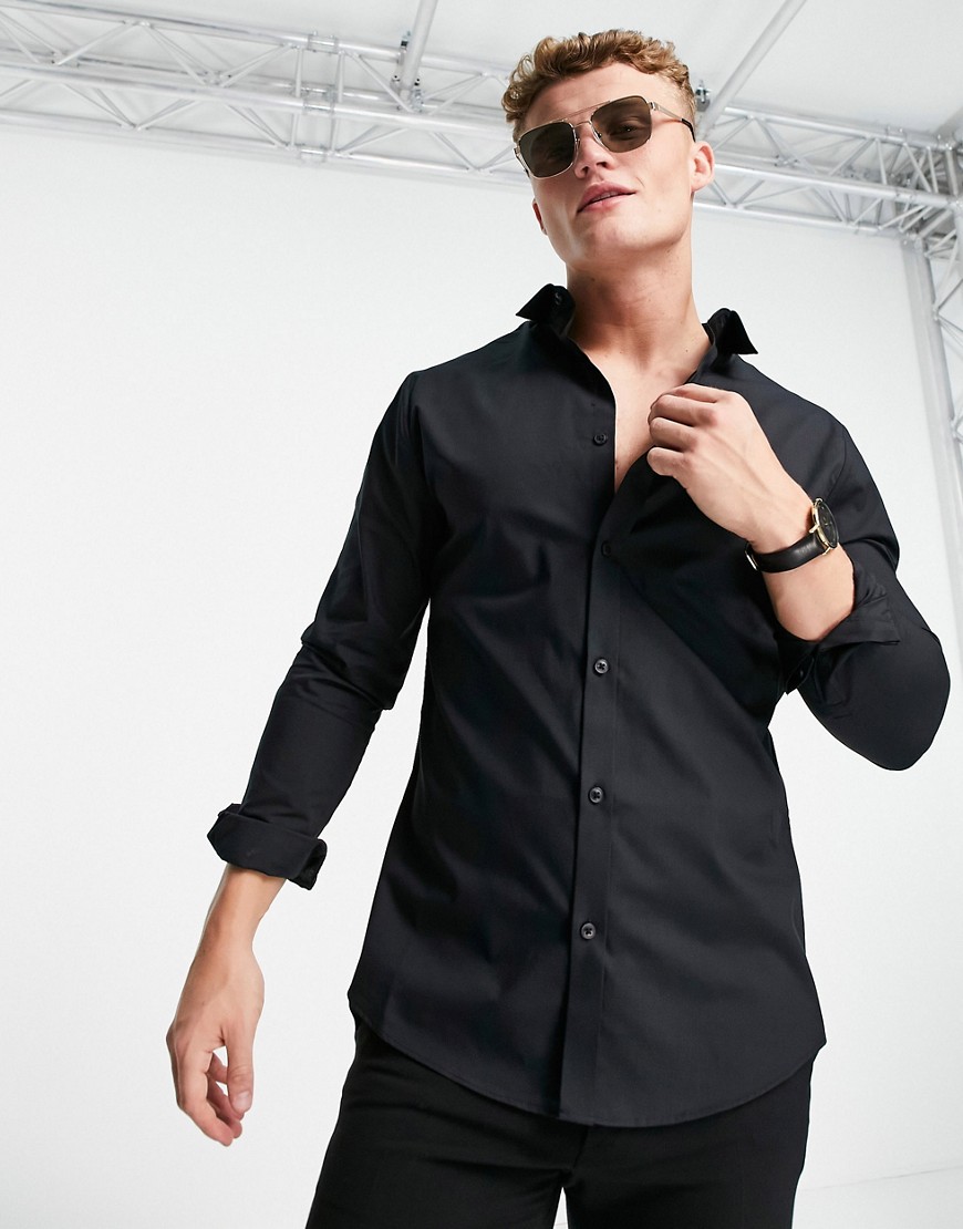 River Island long sleeve formal slim cvc shirt in black